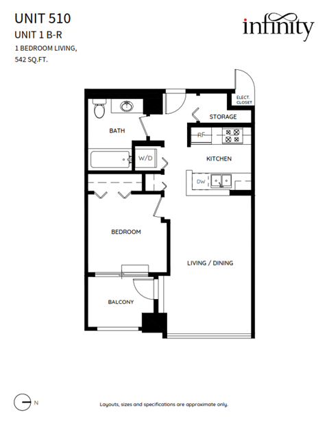 Floor plan for 1 bed, 1 bath